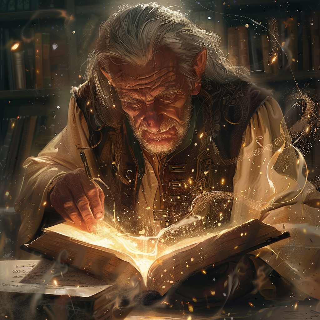 Elderly man writing in glowing magic book.